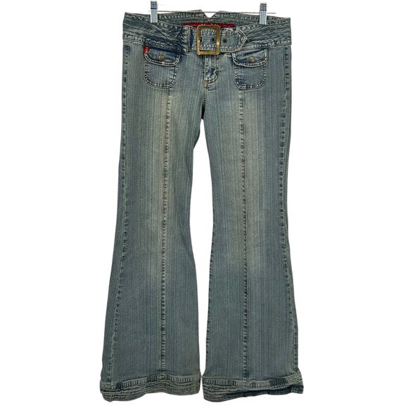 Vintage y2k women's lowrise MUDD chunky buckle flared bellbottom jeans size 7 - Picture 1 of 9